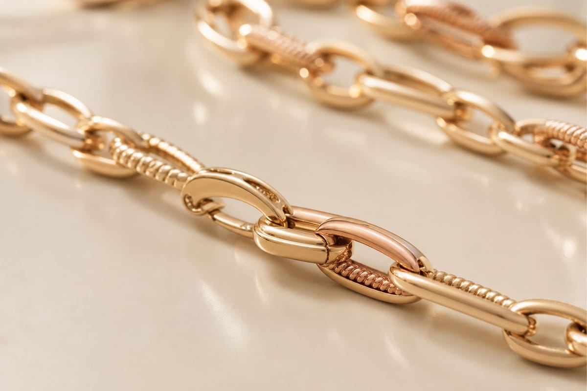 Detail makro tautan kalung emas yang realistis di atas kain ivory